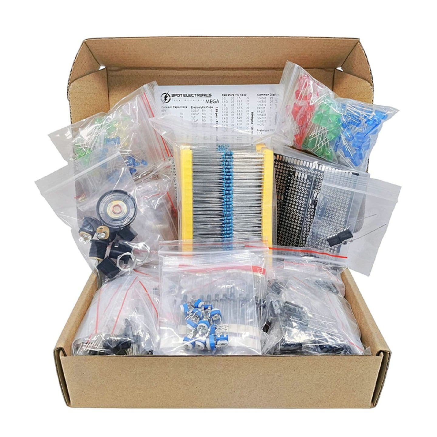 1900Pcs Mega Electronic Component Assortment Kit, Capacitors, Resistors, LED, Transistors, Diodes, 1n270 Germanium, DC Jacks