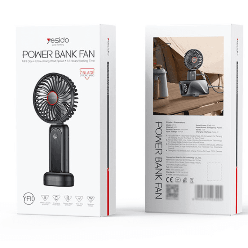 Yesido YF10 – 3-Speed Portable Mini Fan with Built-in 4000mAh Power Bank