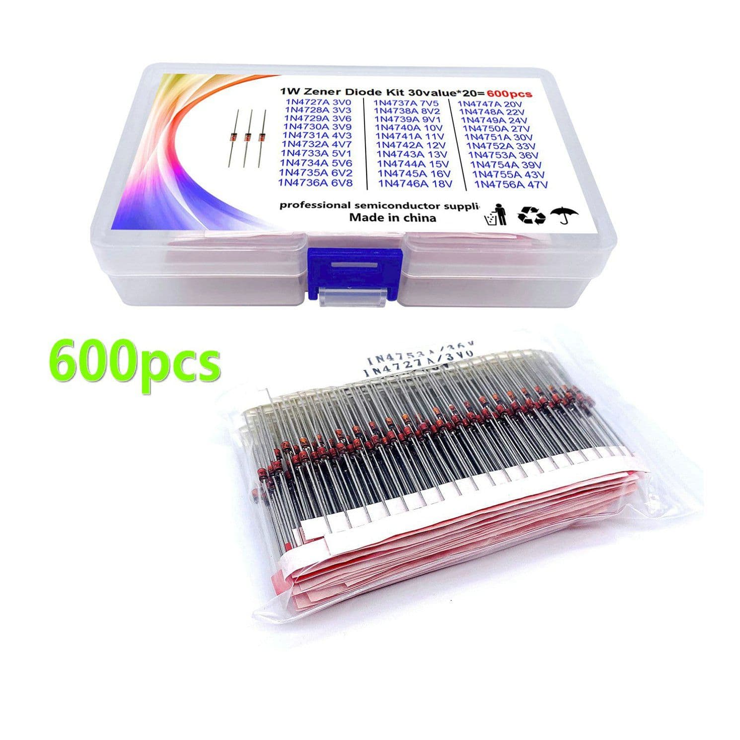 30 kinds of 600 1W Zener crystal glass Zener diodes kit 1N4727(3V0)-4756A(47V)