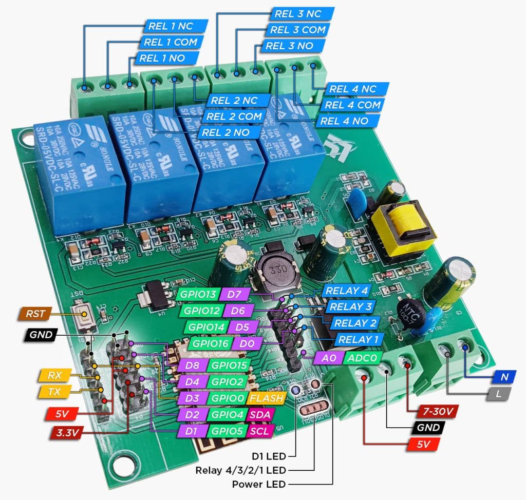 ESP-12F 5V/7-30V/220V Carte Relais 4 Canaux