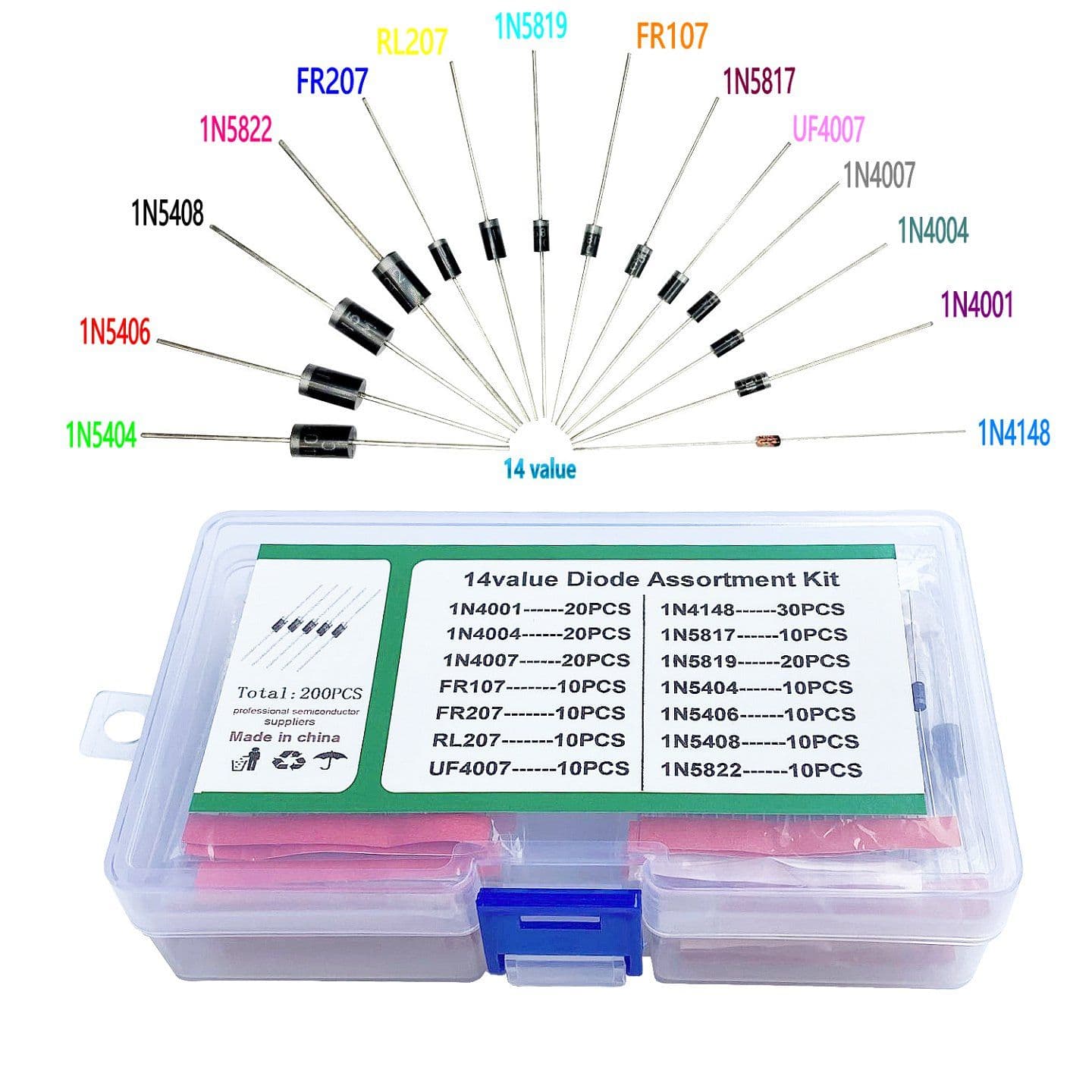 Diode Assortment Kit (14 Part numbers, Total 200 pcs)