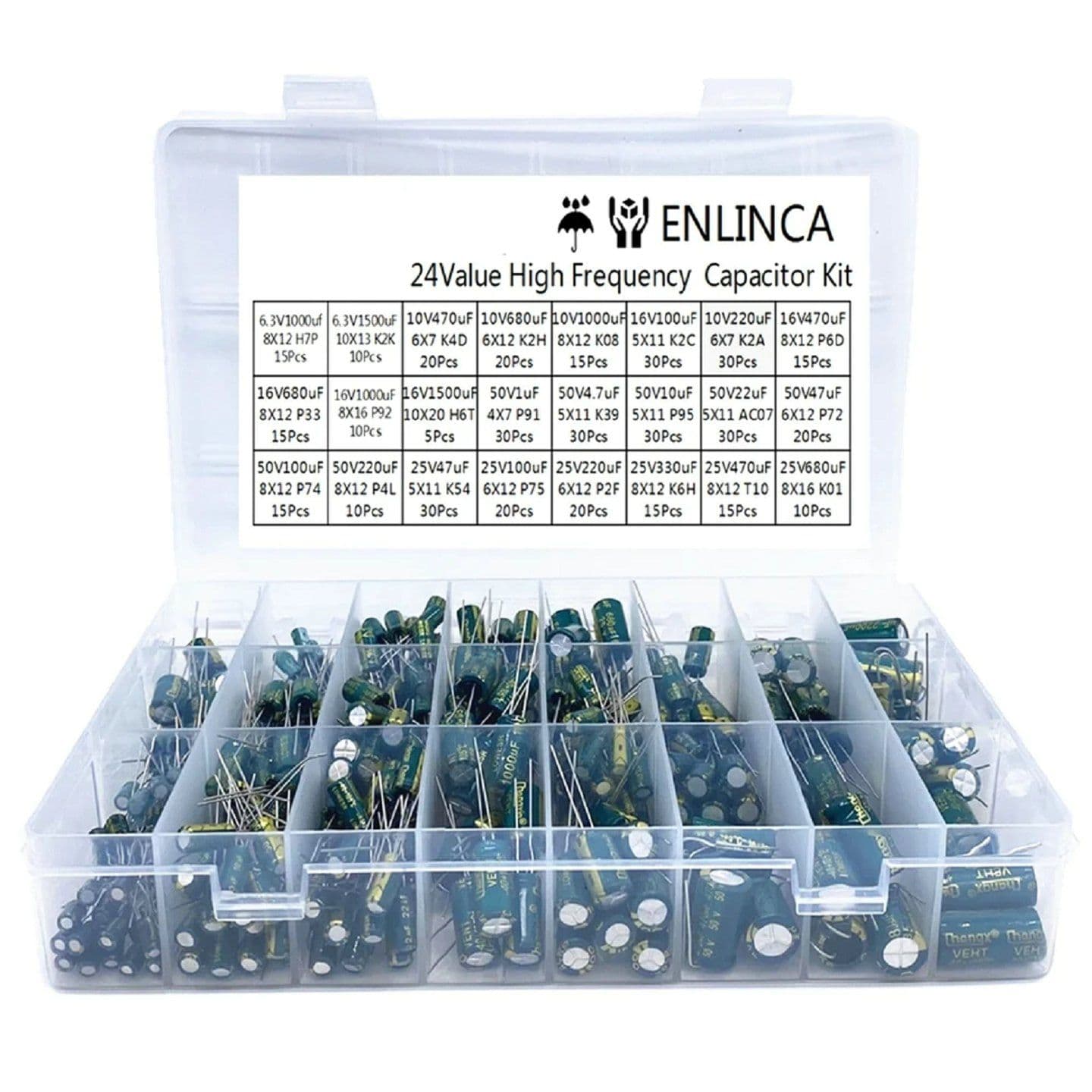 460Pcs 24Values Kit de condensateur électrolytique en aluminium 6.3V-50V 1F-1500uF
