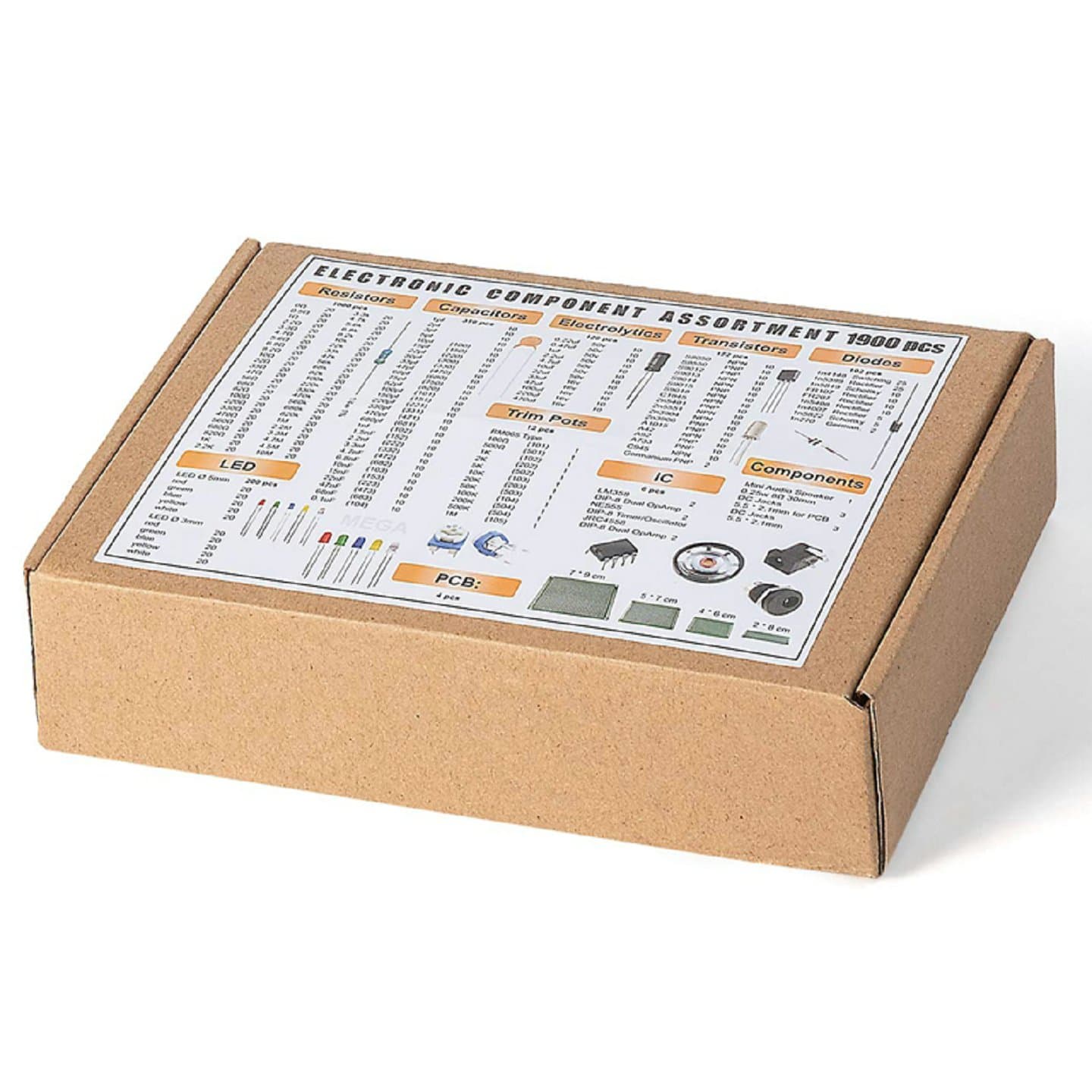 1900Pcs Mega Electronic Component Assortment Kit, Capacitors, Resistors, LED, Transistors, Diodes, 1n270 Germanium, DC Jacks — image 1