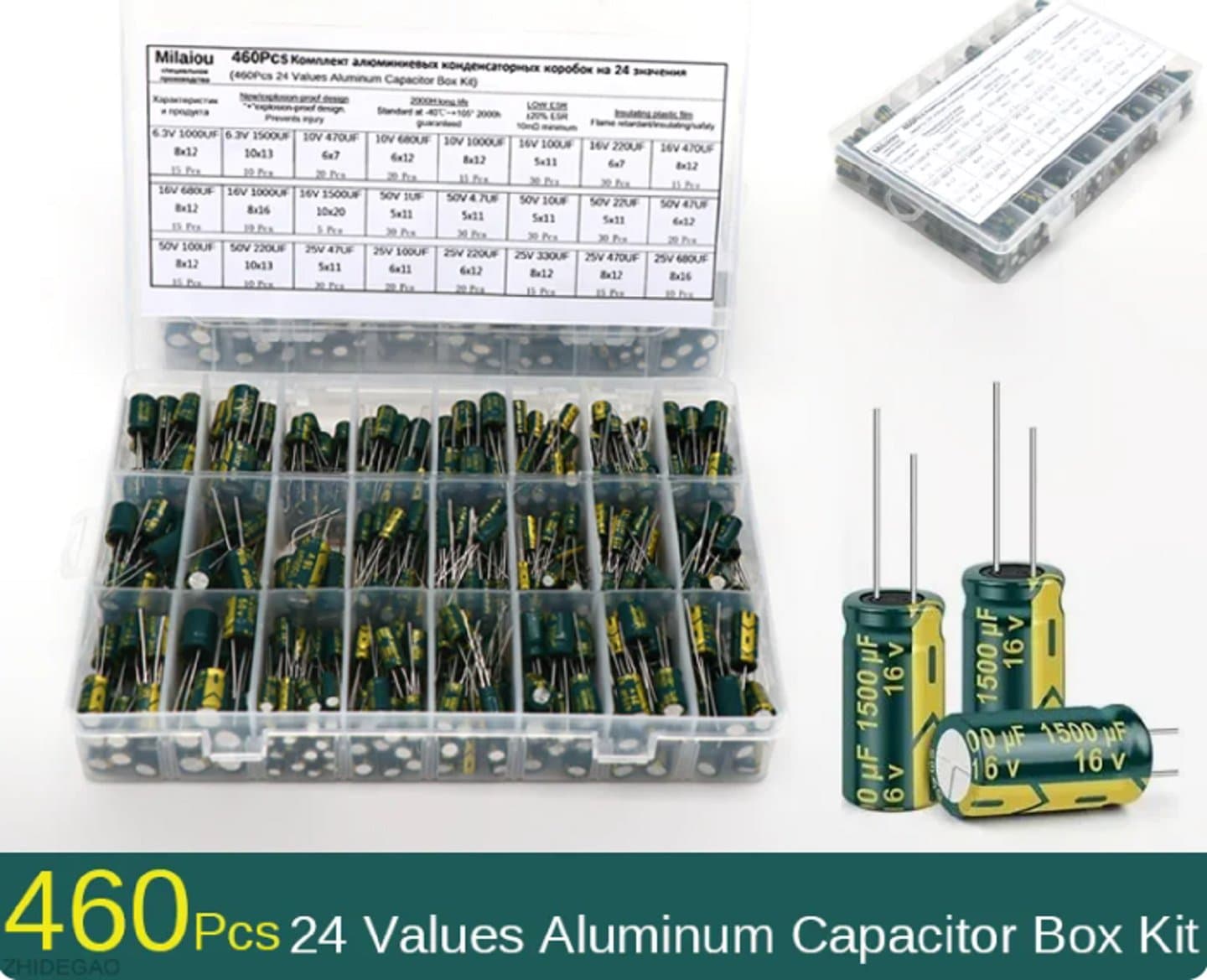 460Pcs 24Values Aluminum Electrolytic Capacitor Kit 6.3V-50V 1F-1500uF — image 1