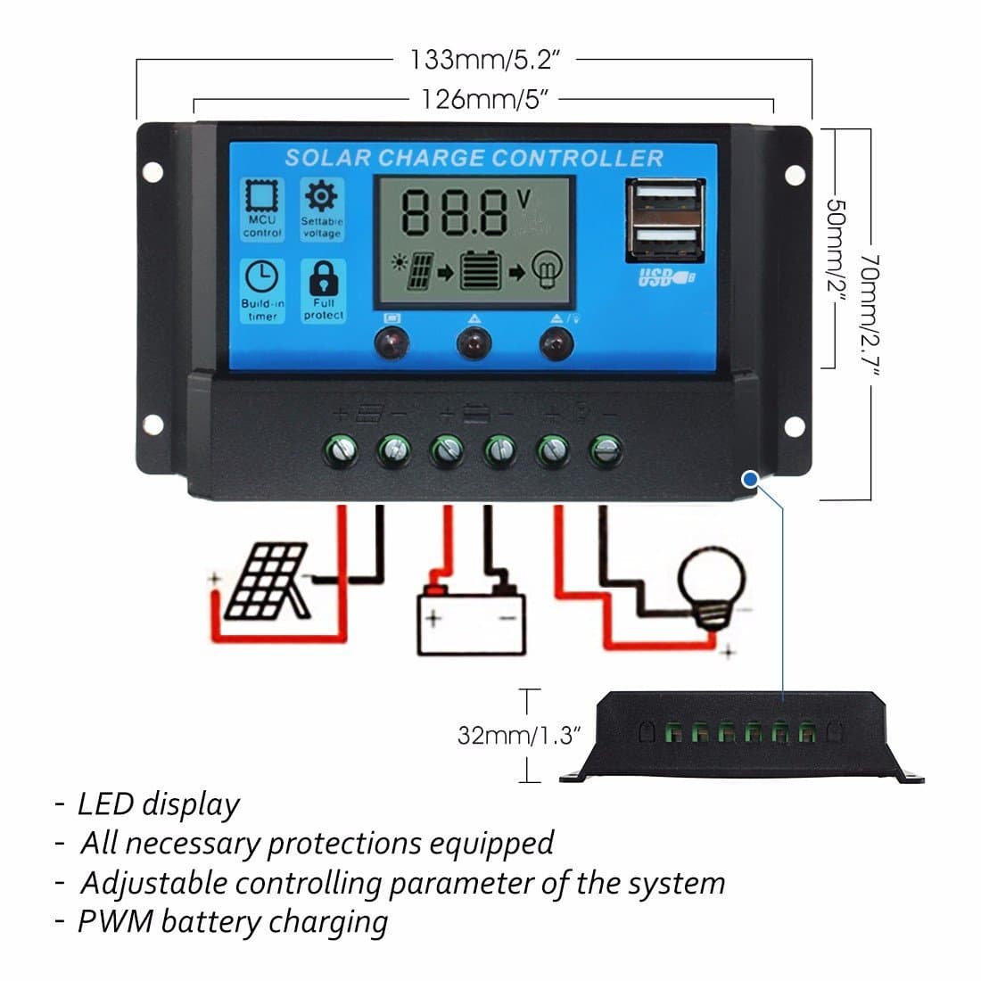 Contrôleur de charge de  panneau solaire  PWM 60A double USB 12V 24V — image 1